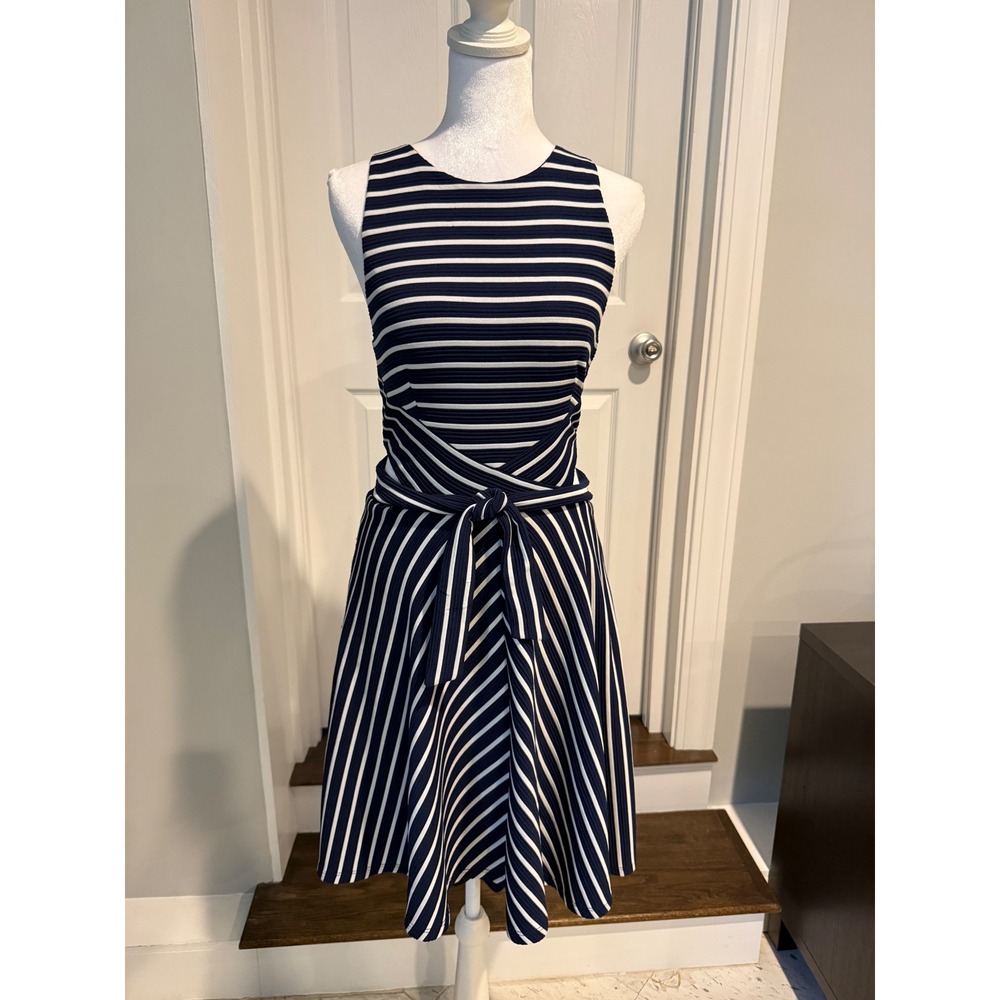 Hutch Anthropologie Navy White Striped Cutout Tie Waist Dress Small